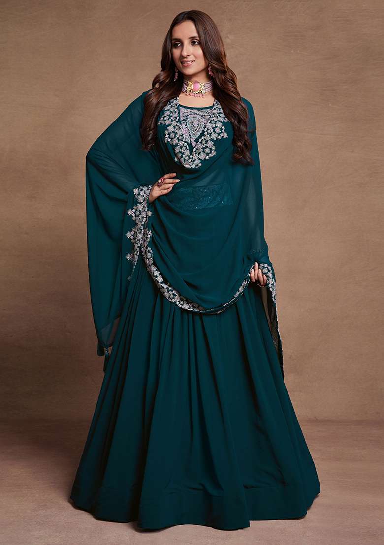 Firozi Georgette Lehenga Set with Embroidered & Sequin for Diwali | Wedding & Festive Wear - Indya