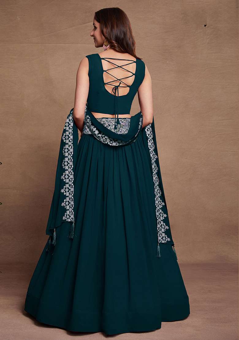 Firozi Georgette Lehenga Set with Embroidered & Sequin for Diwali | Wedding & Festive Wear - Indya