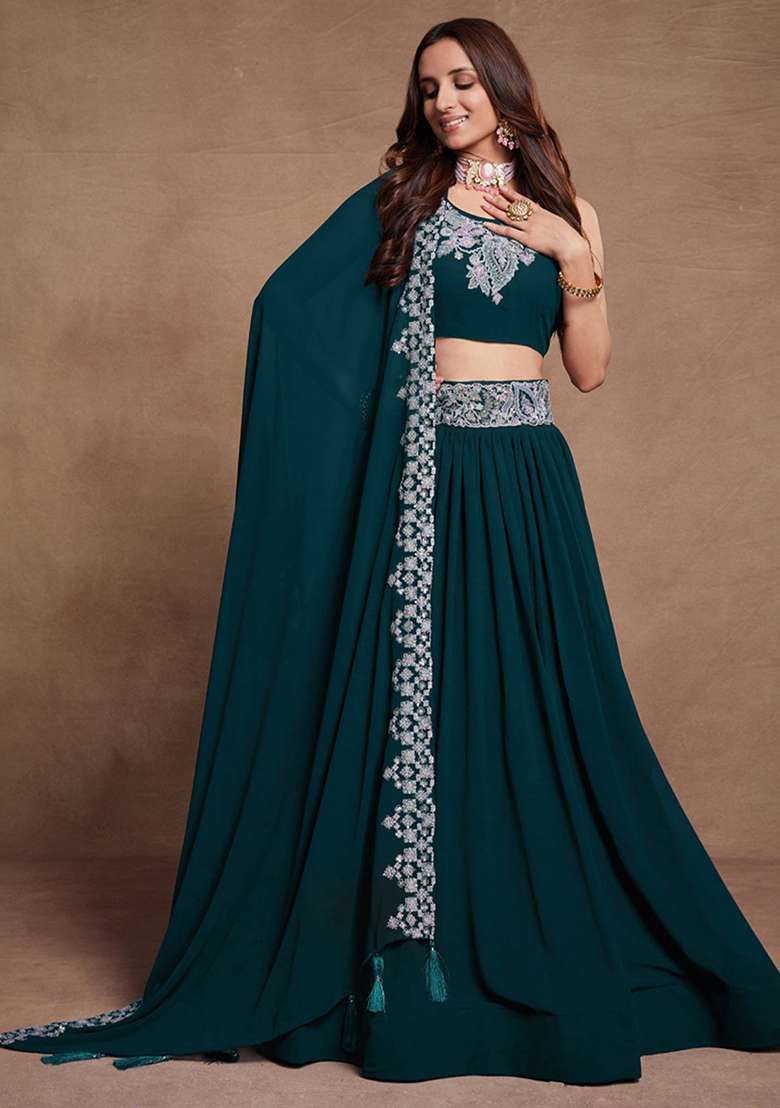 Firozi Georgette Lehenga Set with Embroidered & Sequin for Diwali | Wedding & Festive Wear - Indya