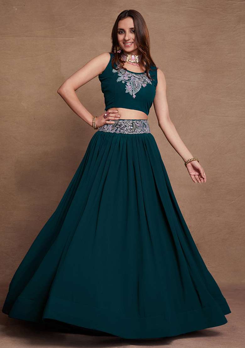 Firozi Georgette Lehenga Set with Embroidered & Sequin for Diwali | Wedding & Festive Wear - Indya