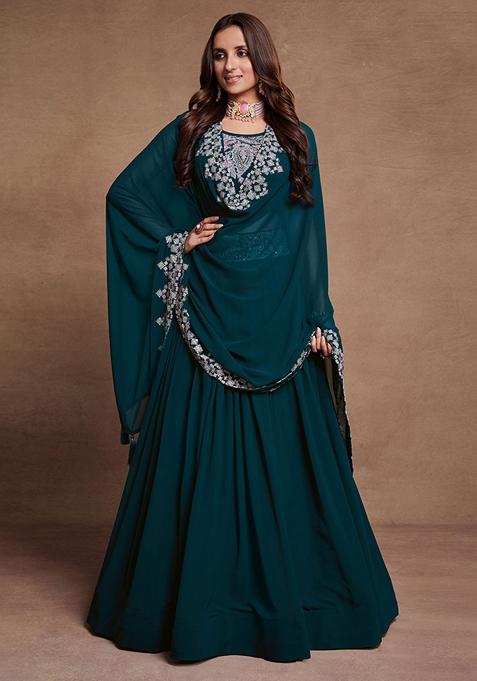 Firozi Sequin Embroidered Georgette Lehenga Set
