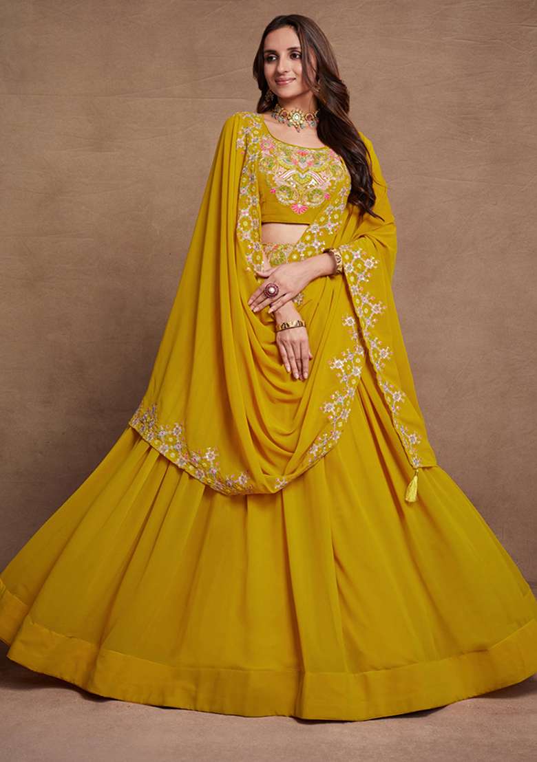 Yellow Sequin Embroidered Georgette Lehenga Set for Diwali and Festive Wear - Indya