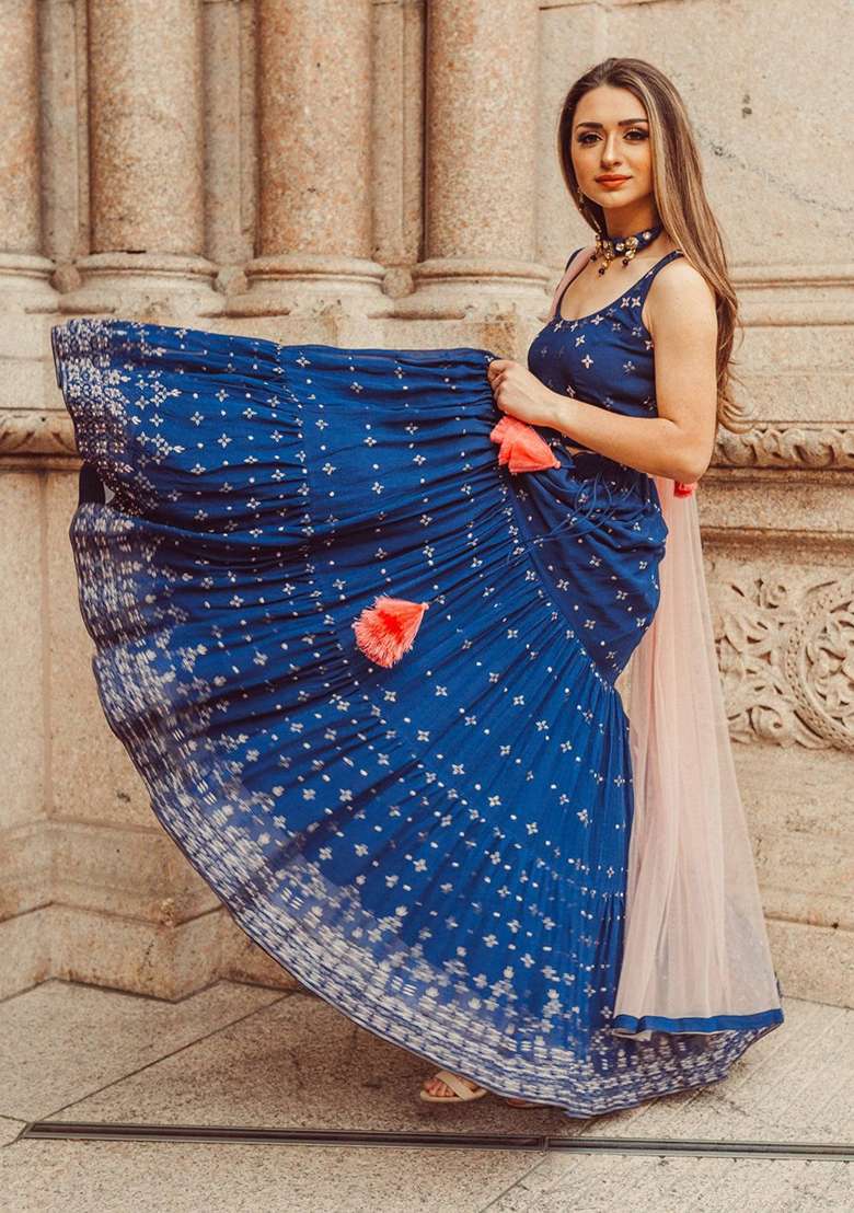 Blue Georgette Lehenga Set with Embroidered & Sequin for Diwali | Wedding & Festive Wear - Indya