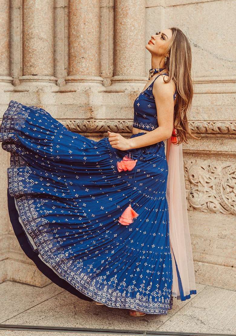 Blue Georgette Lehenga Set with Embroidered & Sequin for Diwali | Wedding & Festive Wear - Indya