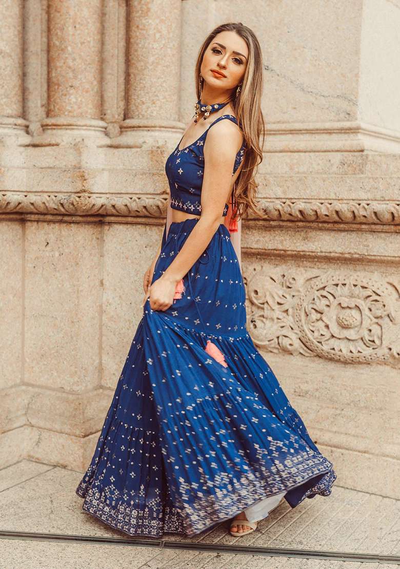 Blue Georgette Lehenga Set with Embroidered & Sequin for Diwali | Wedding & Festive Wear - Indya
