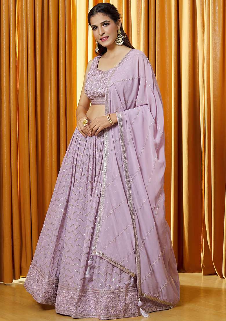 Lavender Georgette Lehenga Set with Embroidered & Sequin for Diwali | Wedding & Festive Wear - Indya