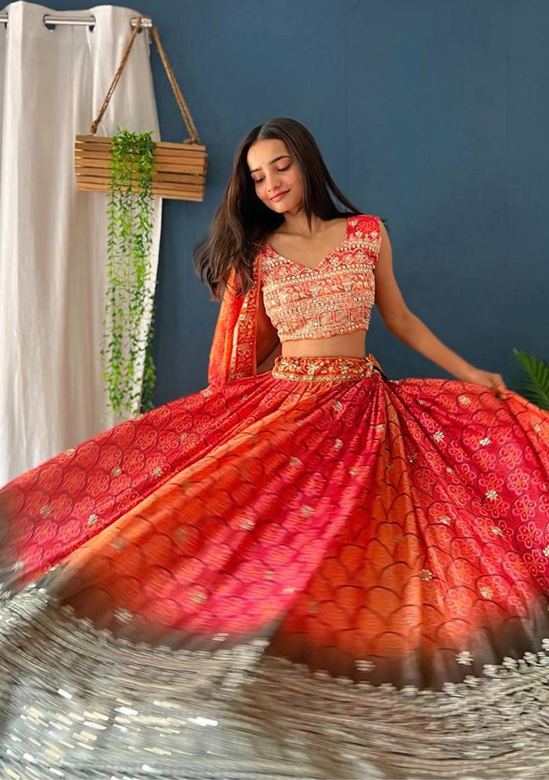Multicolor Sequin Thread Embroidered Chinon Silk Lehenga Set