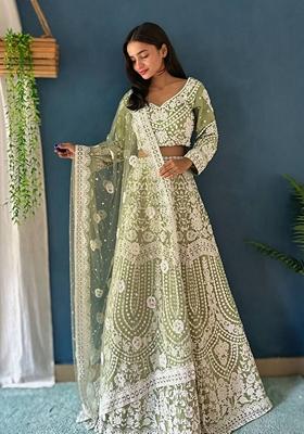Pista Green Sequin Thread Embroidered Heavy Net Lehenga Set