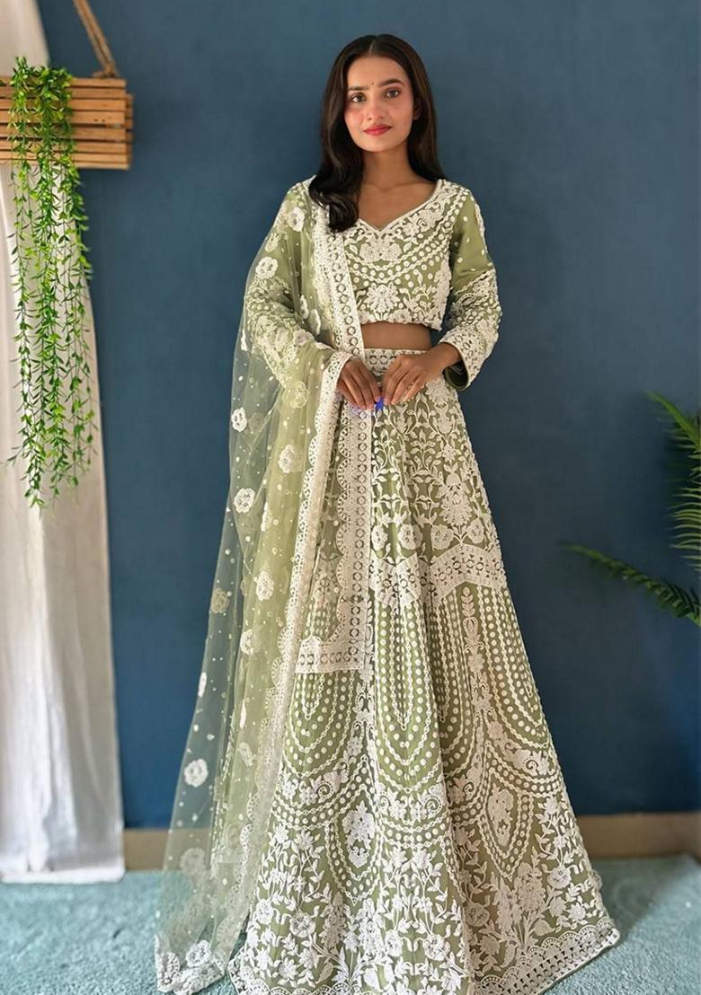 Pista Green Sequin Thread Embroidered Heavy Net Lehenga Set