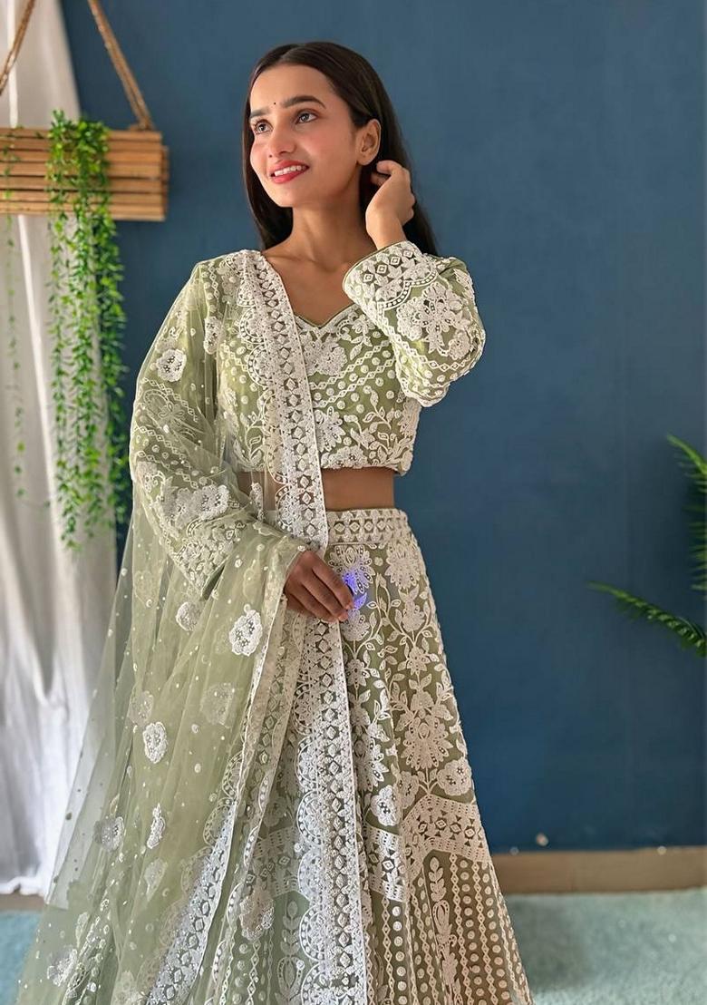 Pista Green Sequin Thread Embroidered Heavy Net Lehenga Set