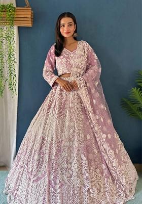 Baby Pink Sequin Thread Embroidered Heavy Net Lehenga Set