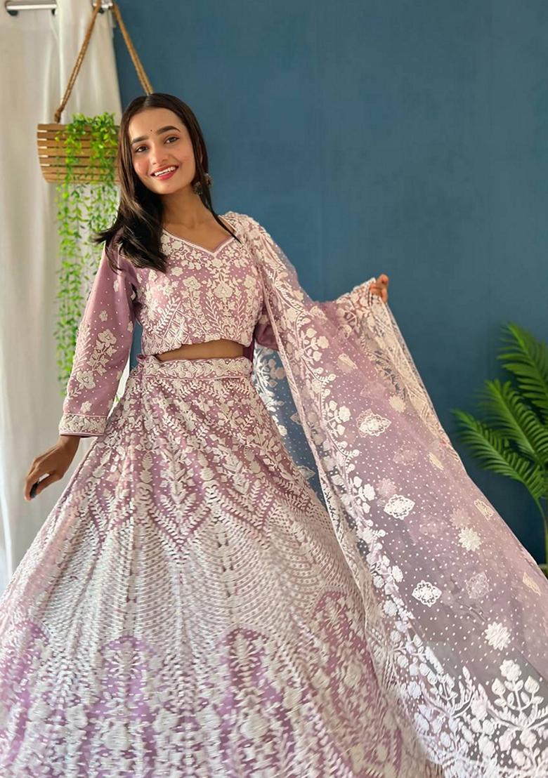 Baby Pink Sequin Thread Embroidered Heavy Net Lehenga Set