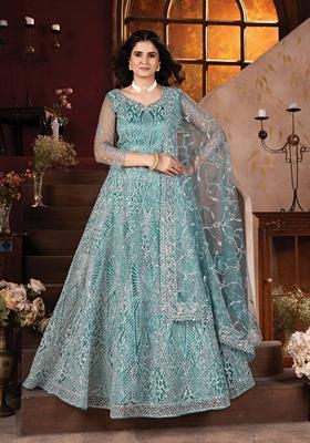 Sky Blue Sequin Thread Embroidered Heavy Net Lehenga Set