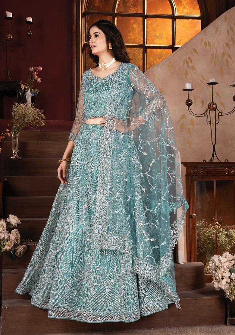 Sky Blue Sequin Thread Embroidered Heavy Net Lehenga Set