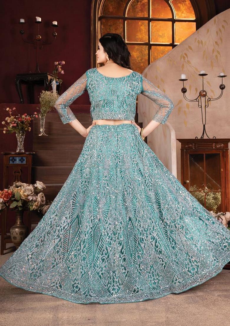 Sky Blue Sequin Thread Embroidered Heavy Net Lehenga Set