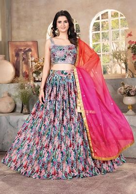 Multicolor Sequin Thread Embroidered Soft Organza Lehenga Set