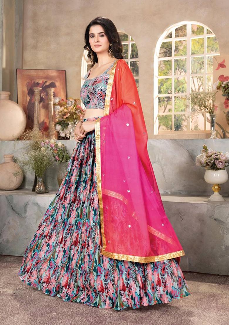 Multicolor Sequin Thread Embroidered Soft Organza Lehenga Set