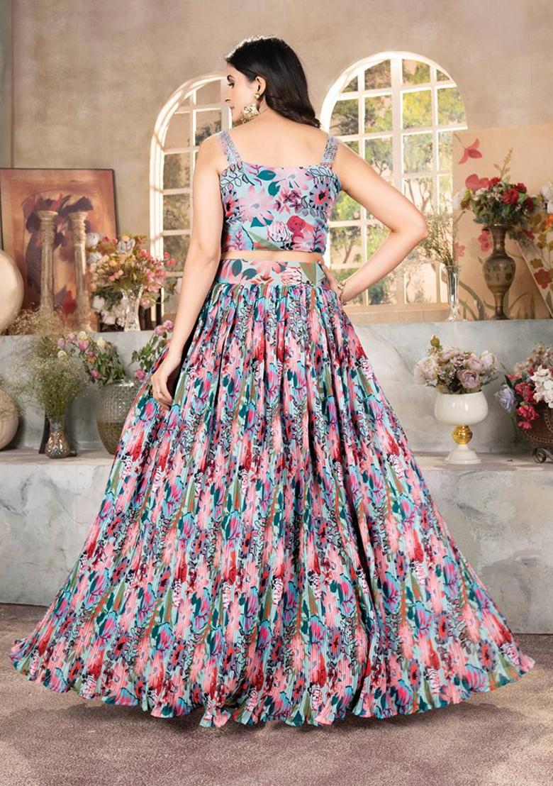 Multicolor Sequin Thread Embroidered Soft Organza Lehenga Set