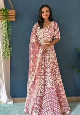 Pink Sequin Thread Embroidered Heavy Net Lehenga Set