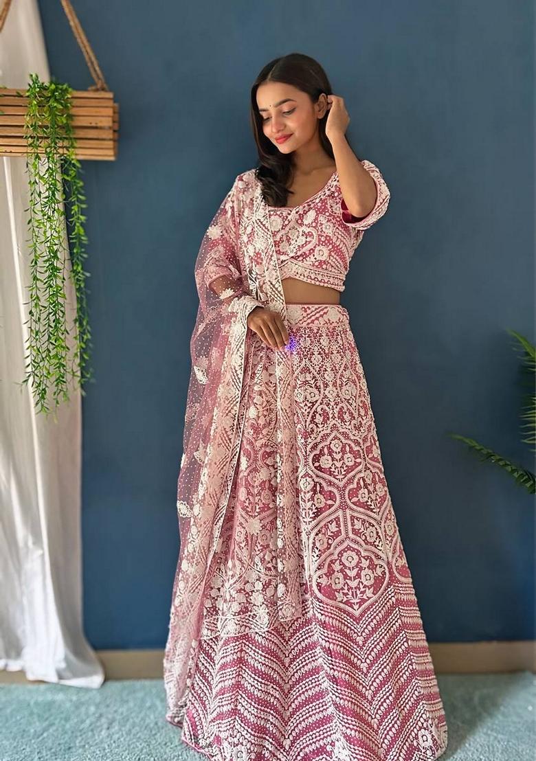 Pink Sequin Thread Embroidered Heavy Net Lehenga Set