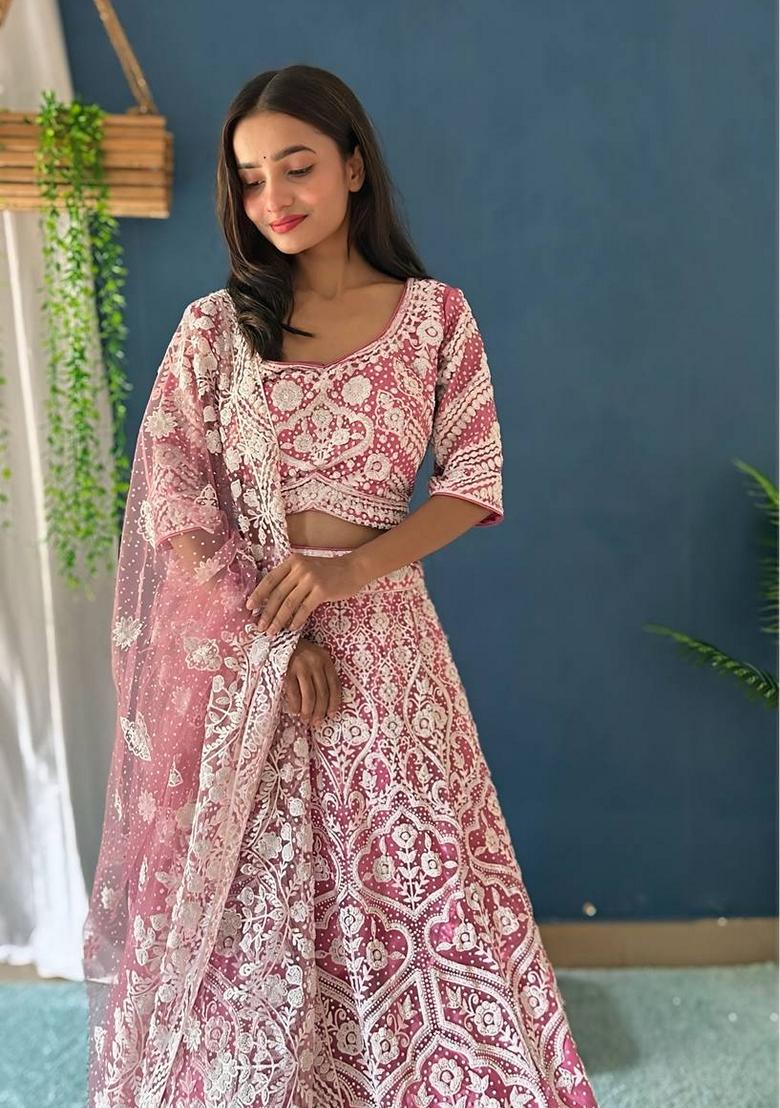 Pink Sequin Thread Embroidered Heavy Net Lehenga Set