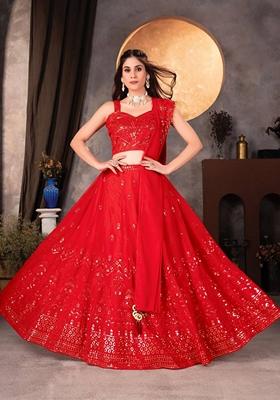Red Sequin Thread Embroidered Faux Georgette Lehenga Set
