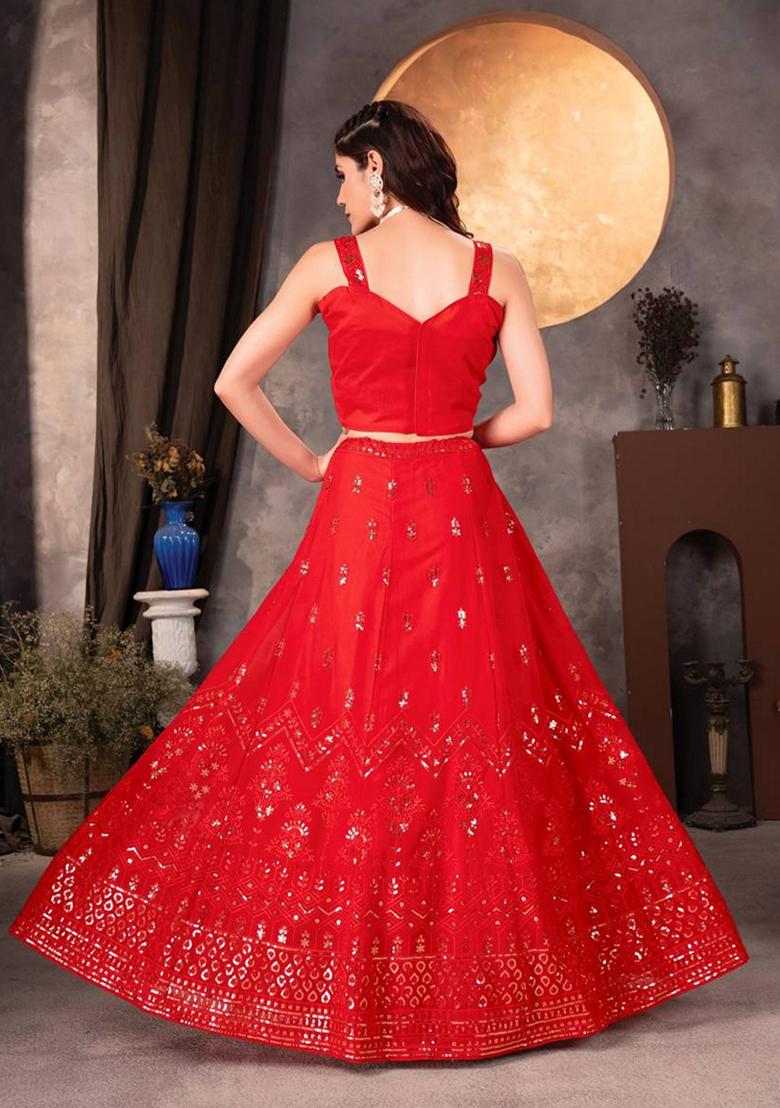 Red Sequin Thread Embroidered Faux Georgette Lehenga Set