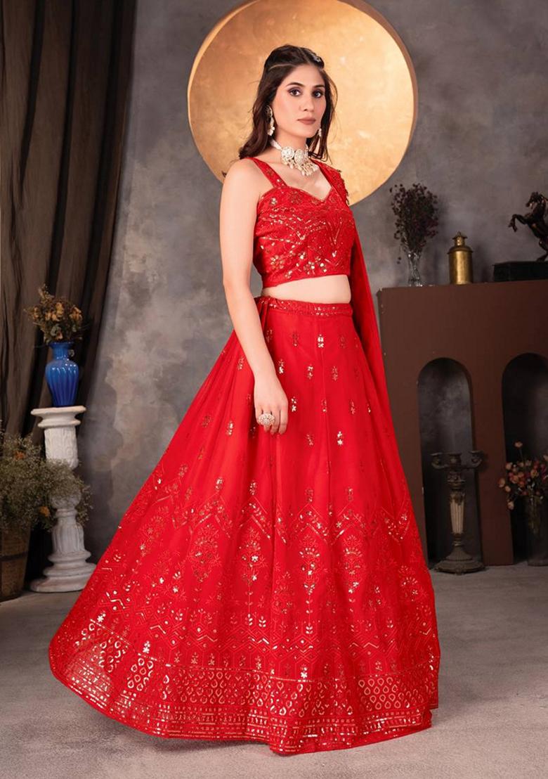 Red Sequin Thread Embroidered Faux Georgette Lehenga Set