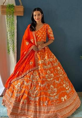 Fanta Orange Sequin Thread Embroidered Jalpari Silk Lehenga Set