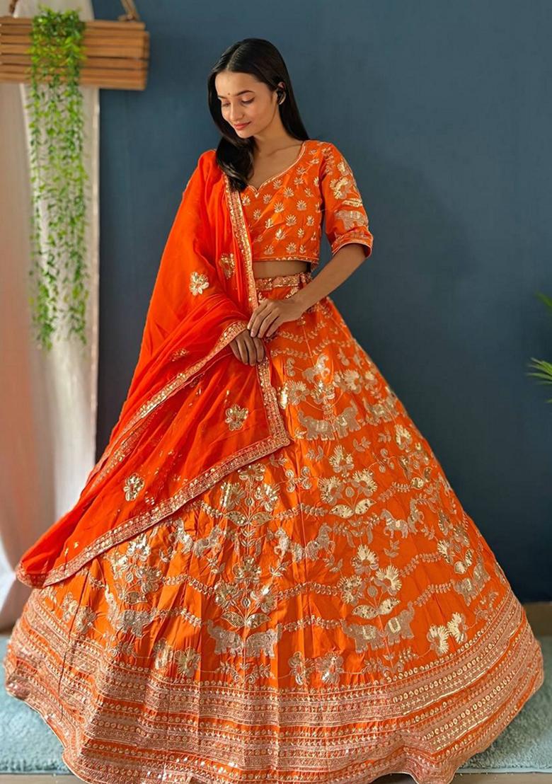 Fanta Orange Sequin Thread Embroidered Jalpari Silk Lehenga Set