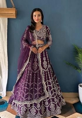 Wine Sequin Thread Embroidered Faux Georgette Lehenga Set