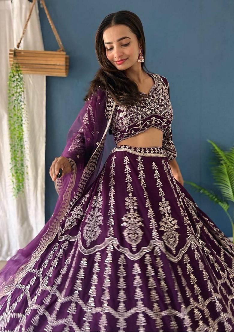 Wine Sequin Thread Embroidered Faux Georgette Lehenga Set