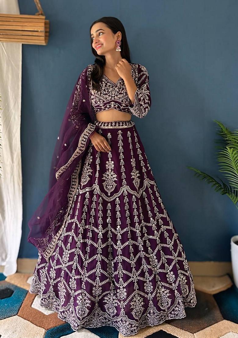 Wine Sequin Thread Embroidered Faux Georgette Lehenga Set