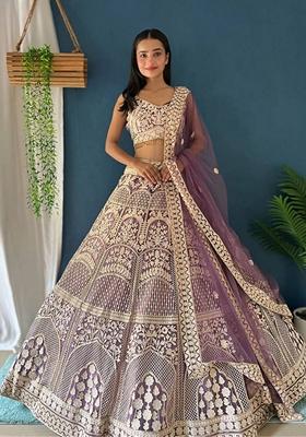 Lavender Sequin Thread Embroidered Heavy Net Lehenga Set