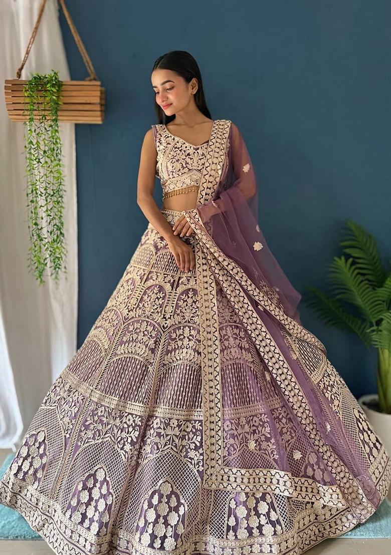 Lavender Sequin Thread Embroidered Heavy Net Lehenga Set