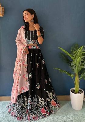 Black Sequin Thread Embroidered Chinon Silk Lehenga Set