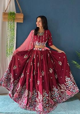 Rani Pink Sequin Thread Embroidered Chinon Silk Lehenga Set