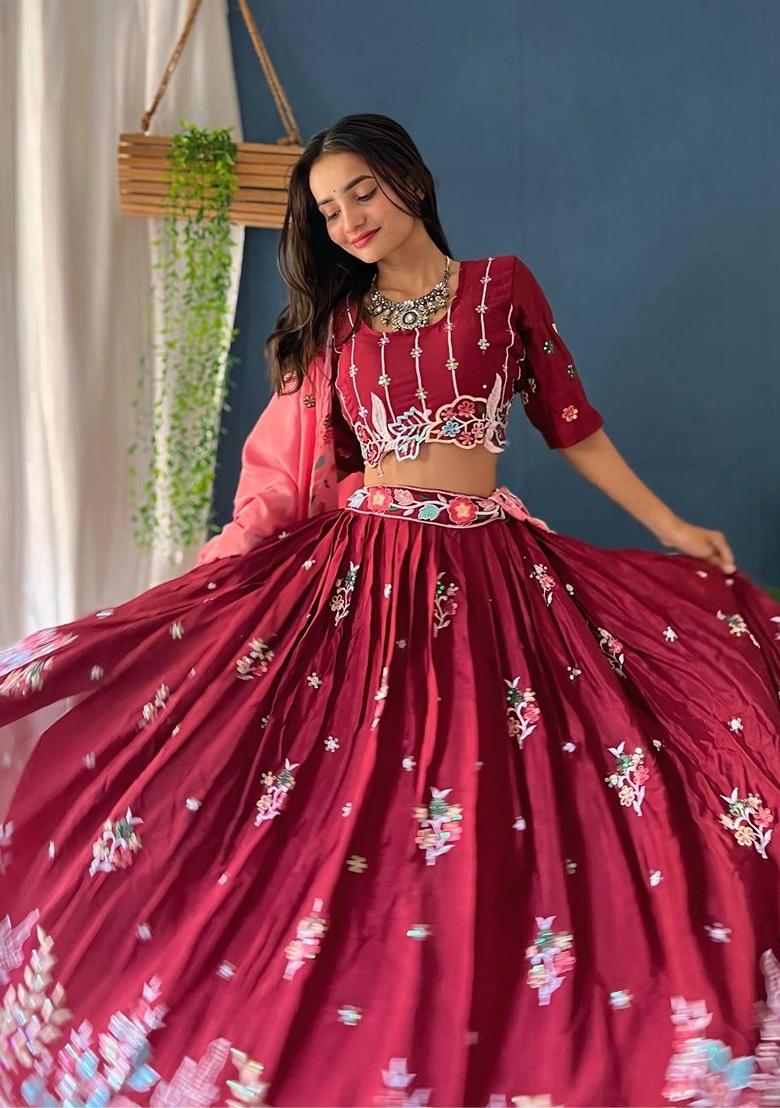 Rani Pink Sequin Thread Embroidered Chinon Silk Lehenga Set