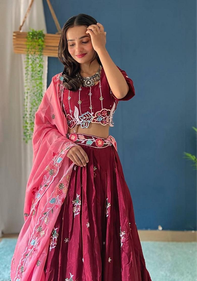 Rani Pink Sequin Thread Embroidered Chinon Silk Lehenga Set