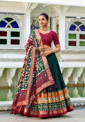 Green Patola Print Tussar Silk Lehenga Set