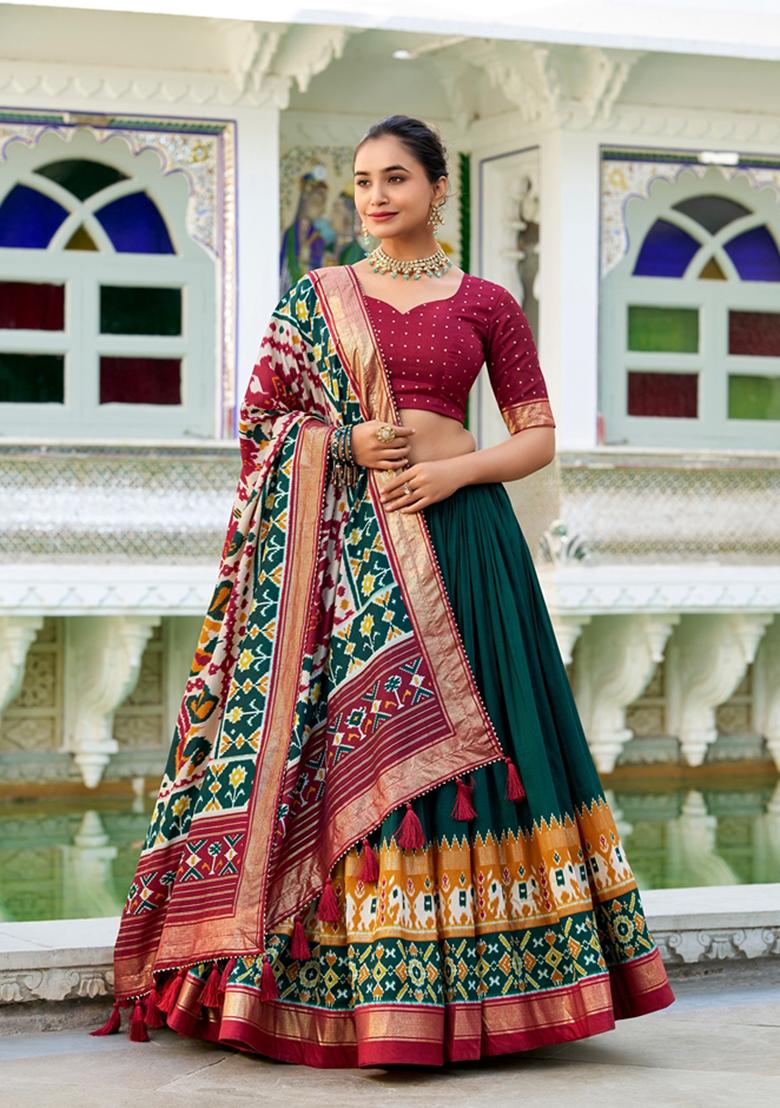 Green Patola Print Tussar Silk Lehenga Set