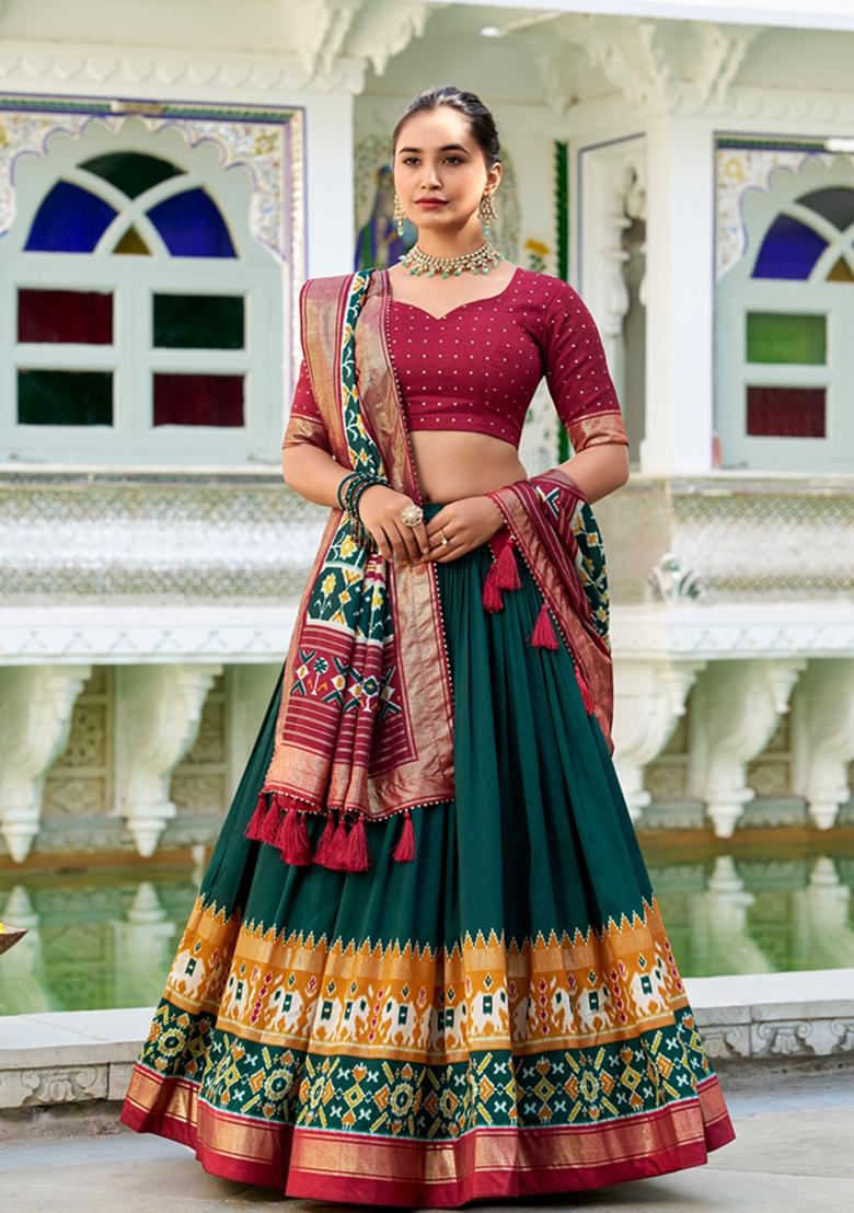 Green Patola Print Tussar Silk Lehenga Set