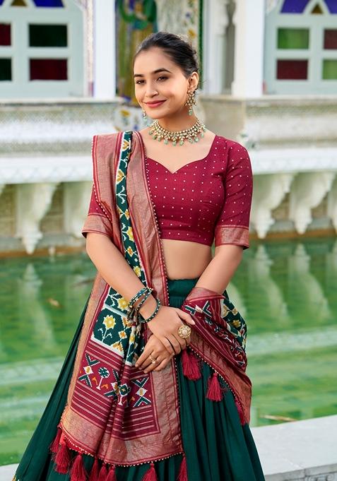 Green Patola Print Tussar Silk Lehenga Set