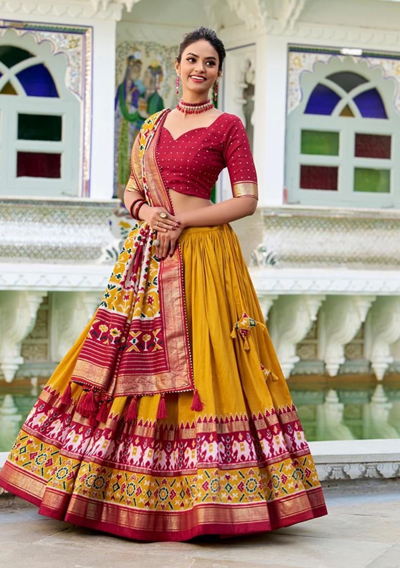 Mustard Patola Print Tussar Silk Lehenga Set - Indya