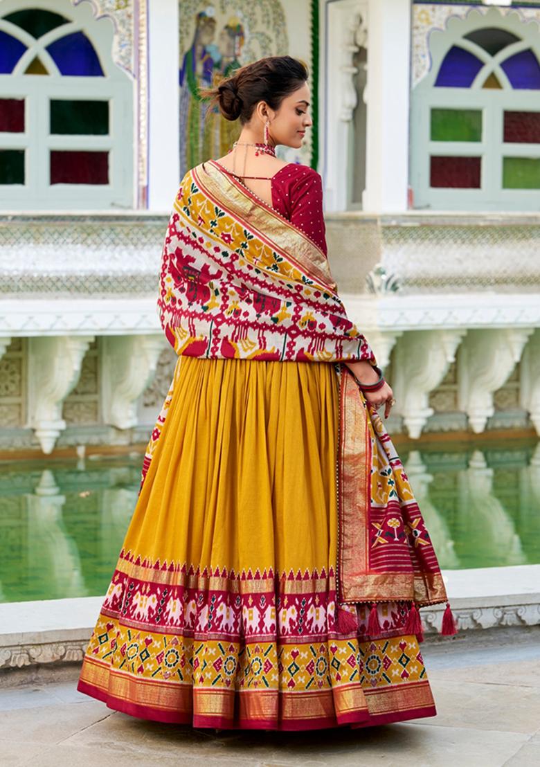 Mustard Patola Print Tussar Silk Lehenga Set - Indya