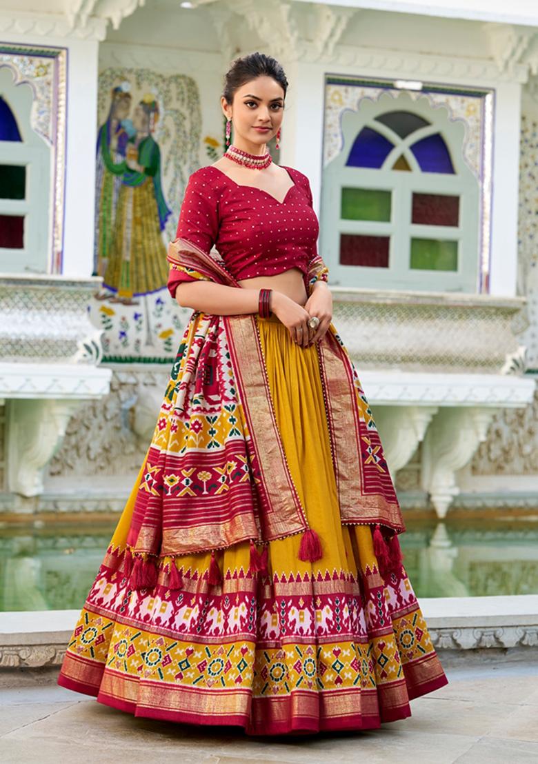 Mustard Patola Print Tussar Silk Lehenga Set - Indya