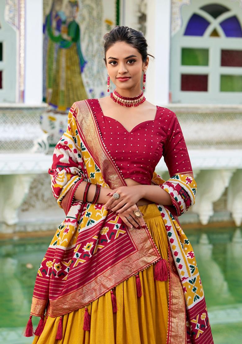 Mustard Patola Print Tussar Silk Lehenga Set - Indya