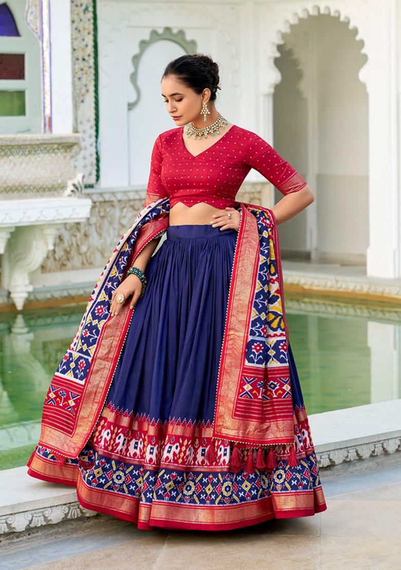 Navy Blue Patola Print Tussar Silk Lehenga Set