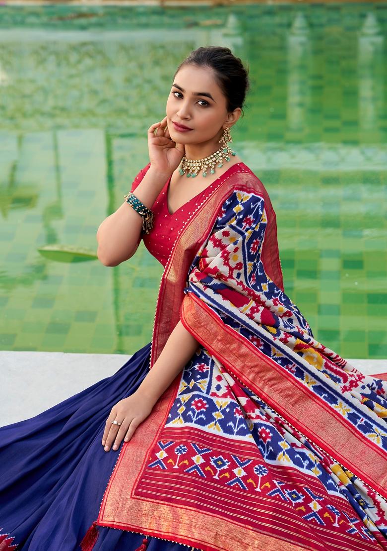 Navy Blue Patola Print Tussar Silk Lehenga Set