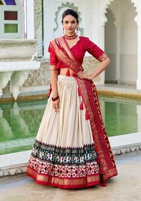 White Patola Print Tussar Silk Lehenga Set